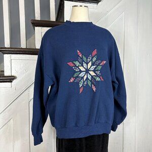 Vintage 90s Jerzees Navy & Plaid Snowflake Sweater